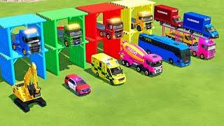 TRANSPORTING EXCAVATOR, DUMP TRUCK, BULLDOZER, POLICE CARS TO GARAGE WITH MAN TRUCK - FS22