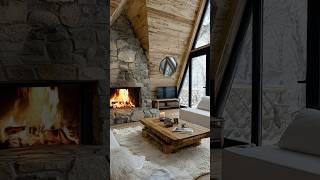 Cozy cabin with stone fireplace, white sofa, and snowy view
