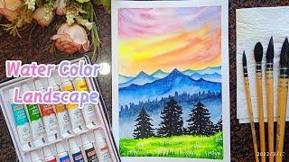 Water Color Landscape. Easy Landscape with mountains.