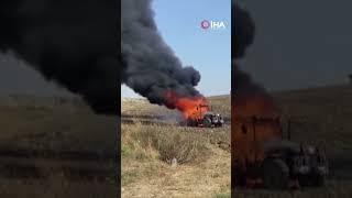 Yanan traktöre aldırmadı çocuklarını teselli etti