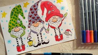 НОВОГОДНИЕ ОТКРЫТКИ/МАСТЕР КЛАСС РИСОВАНИЯ/New Year's gnomes/#українськийконтент #art #christmas