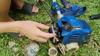 Genius girl helps neighbor repair and maintain handheld lawn mower