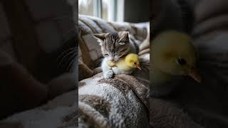 Kitten Gently Hugs Its Baby Duckling Friend ️