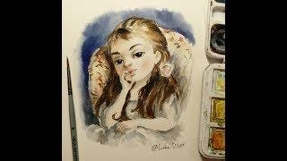 Акварельная Мультяшная Девочка по картине Ренуара.