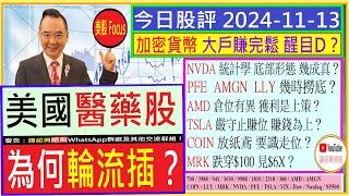 美國醫藥股 為何輪流插？/加密貨幣 大戶賺完鬆？/NVDA底部形態 幾成真/PFE  AMGN  LLY 幾時撈底？/TSLA COIN嚴守止賺位AMD倉位有異/2024-11-13