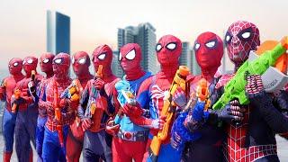 What If 10 SPIDER-MAN in 1 HOUSE ??? || Hey All SuperHero , Go To Battle Nerf Gun Game !!