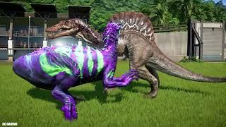 2x PURPLE DEVIL INDOMINUS REX vs 2x Tyrannosaurus, 2x Spinosaurus and 2x Giganotosaurus - Dino Fight