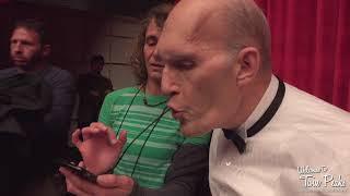 Carel Struycken (The Fireman) rehearses a backwards line on the Twin Peaks set