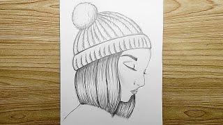 Girl in a winter hat - pencil sketch | Yulka's Drawings