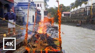 ASMR | Hindu Cremation at Pashupatinath Temple in Heavy Rain, Kathmandu | Binaural Rain Sounds | 4K