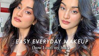 EASY EVERYDAY MAKEUP LOOK / How I curl my hair ! (acne prone skin) //NISHKABHURA