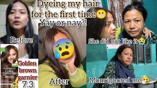 Dyeing my hair brown|mom reaction|garnier golden brown