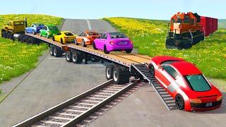 Flatbed Long Trailer Truck Speed Bumps Transport Car Rescue - Cars vs Train and Rails - BeamNG.drive