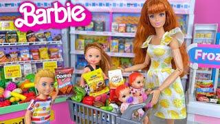 Barbie Doll Family Supermarket Grocery Shopping with New Baby Twins