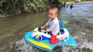 Bathing in the River and Splashing Water on a Jet Ski Buoy - DMG Kids Family Exciting Vacation Vlog