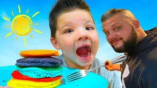 CALEB MORNING ROUTINE for KIDS! ️ Making RAINBOW PANCAKES with DAD!