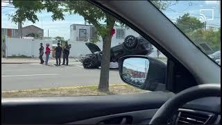 Tesla model Y flipped over in the beach channel drive in Rockaways queens New York