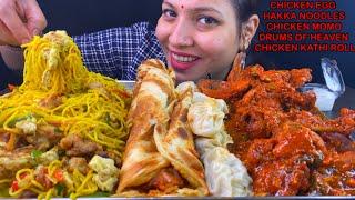 Eating Spicy  Chicken Egg Hakka Noodles, Chicken Momo, Chicken Tikka Kathi Roll, Drums Of Heaven