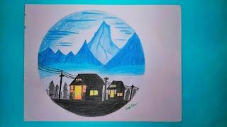 Ice Mountain Scenery || Pencil Color Drawing || Easy Night Scenery || Landscape || Eshas Arts