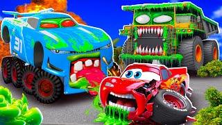 Big & Small:McQueen and Mater VS MEGA Cam-Spinner ZOMBIE slime apocalypse cars in BeamNG.drive