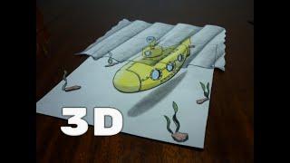 Как нарисовать подводную лодку . Батискаф рисунок 3D. yellow submarine