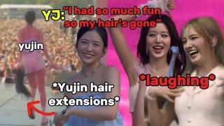 IVE members laughing when YUJIN hair extensions fell off in the middle of their performance