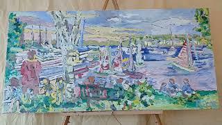 Oil painting by David Pickett. Harbor Summer Picnic.