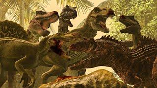 Rexy X Carno vs Spinosaurus vs Giganotosaurus vs Allosaurus (JURASSIC WORLD REBIRTH ANIMATION)