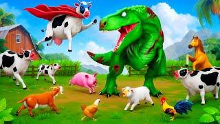 Zombie Trex Rampage vs Super Cow's Rescue Adventure | Saving Farm Animals