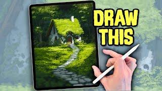 EASY PROCREATE Landscape Drawing Tutorial - Moss Cottage