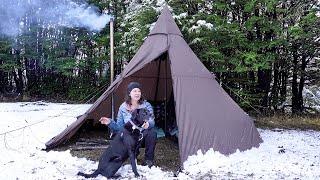 Camping in the Rain and Snow with a Cosy Hot Tent Set Up