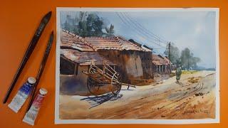 Watercolour tutorial | how to paint a village painting in Watercolour for beginners |