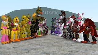 ALL CHICHAS VS ALL FOXYS ALL FNAFS 1-10 ANIMATRONICS In Garry's Mod!