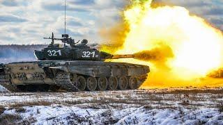 Russian Soldiers 2S19 Msta-S Self-propelled guns and T-72B3 Tanks Live Fire