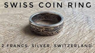 Swiss Coin Ring. 2 Francs Switzerland. Silver. Helvetia. Stars outside.