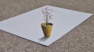 easy 3d drawing flower in pot on paper for beginners