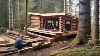 Building Log Cabin in Wild Forest for Fishing and Hunting