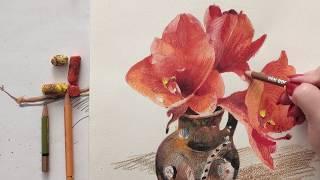 Drawing a flower with pencils and oil pastel.