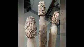 Carving a morel mushrooms walking stick.
