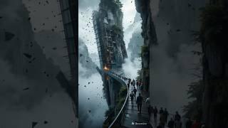 A glass mountain bridge collapsing into a deep foggy canyon.