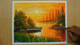 Beautiful sunset scenery painting with poster colour