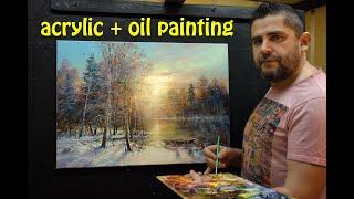 How to paint a winter landscape / Painting time lapse / Acrylic painting