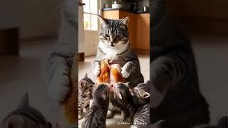 Mother Cat Feeding Her Kittens with Chicken – So Cute!