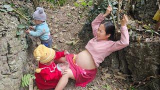 Pregnant girl and 2 children harvest green vegetables to sell for money