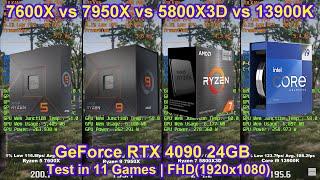 AMD Ryzen 9 7950X vs Ryzen 7 5800X3D vs 12900K vs 13900K + RTX 4090 - Test in 11 Games | FHD(1080P)