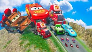 Long Lighting Mcqueen vs TOW MATER, Monster Truck vs Pixar Cars vs DOWN OF DEATH in BeamNG Drive