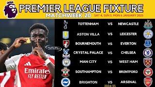 EPL FIXTURES TODAY - MATCHWEEK 20 - EPL TABLE STANDINGS TODAY - PREMIER LEAGUE FIXTURES 2024/25