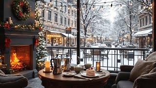 Cozy Warm Christmas Coffee Shop Ambience ️ Smooth Christmas Jazz Music & Fireplace Sounds to Relax