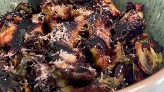 Roasted Brussel Sprouts with bacon, garlic, Parmesan and balsamic glaze