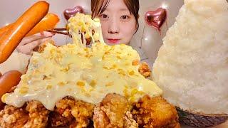 ASMR Corn Cheese Fried Chicken Sausage【Mukbang/ Eating Sounds】【English subtitles】